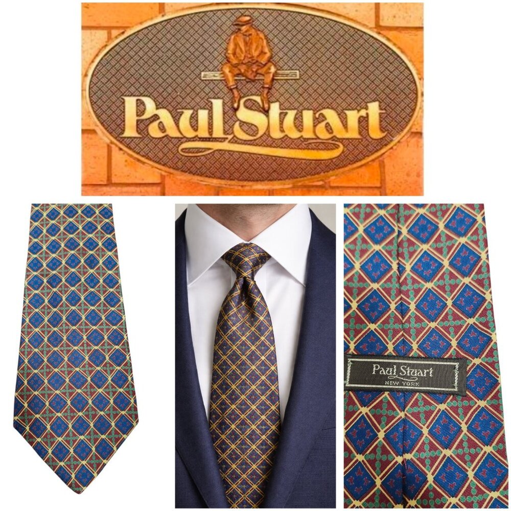 Paul Stuart New York Silk Tie Imported from England Geometric Diamond Pattern